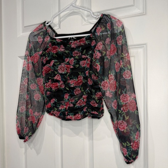 Art Class Girls Black Floral Mesh Ruched Long Sleeve Top Size M 7/8 - Picture 3 of 6
